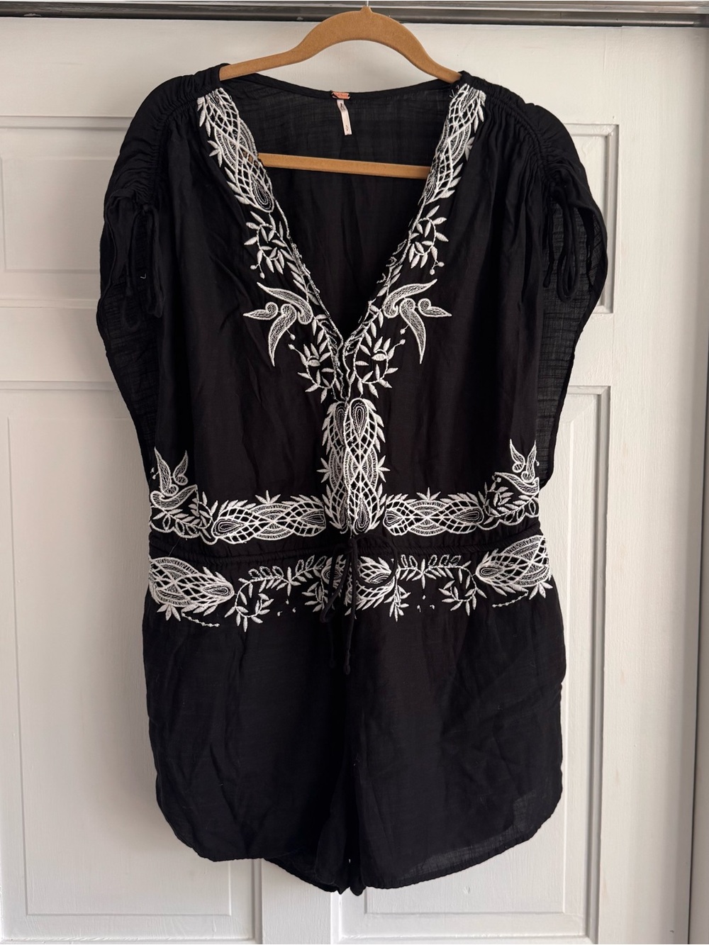 Free People Black Embroidered V-Neck Romper